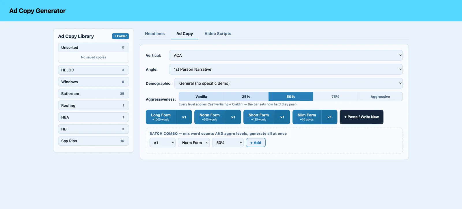The Copywriting & Video Scripting module inside the platform.