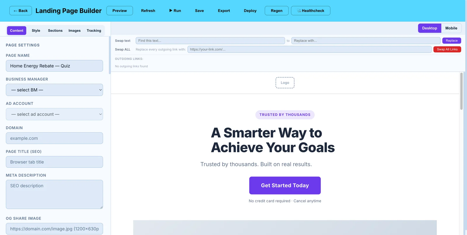 The Landing Page Builder module inside the platform.