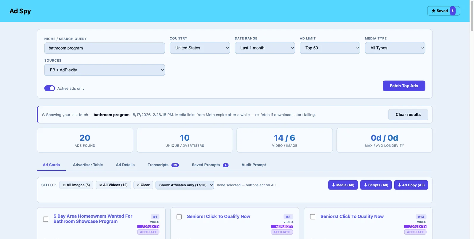 The Ad Spy Tool module inside the platform.